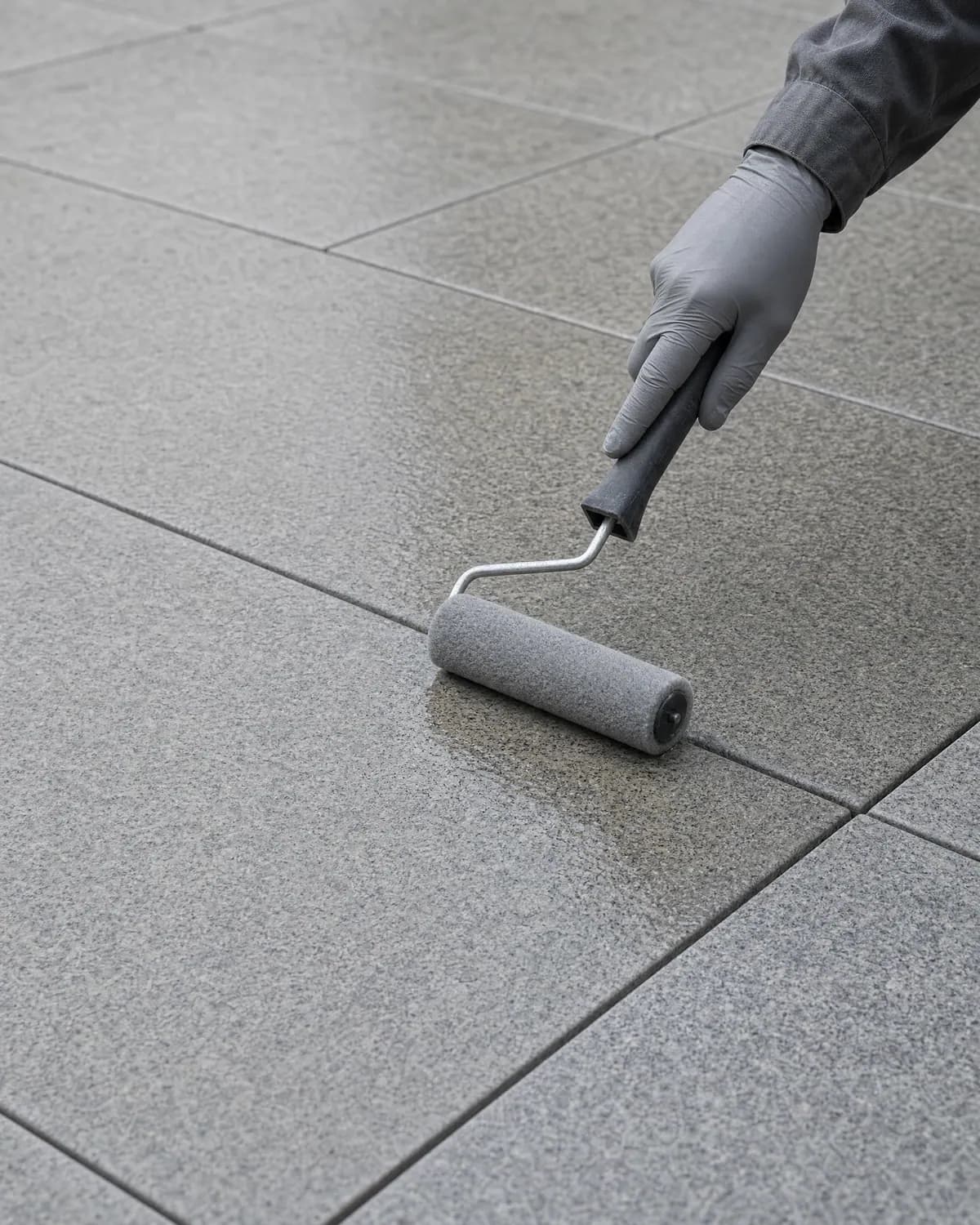 Behandschuhte Hand zieht eine Rolle mit Imprägnierung über helle Granitplatten einer Terrasse