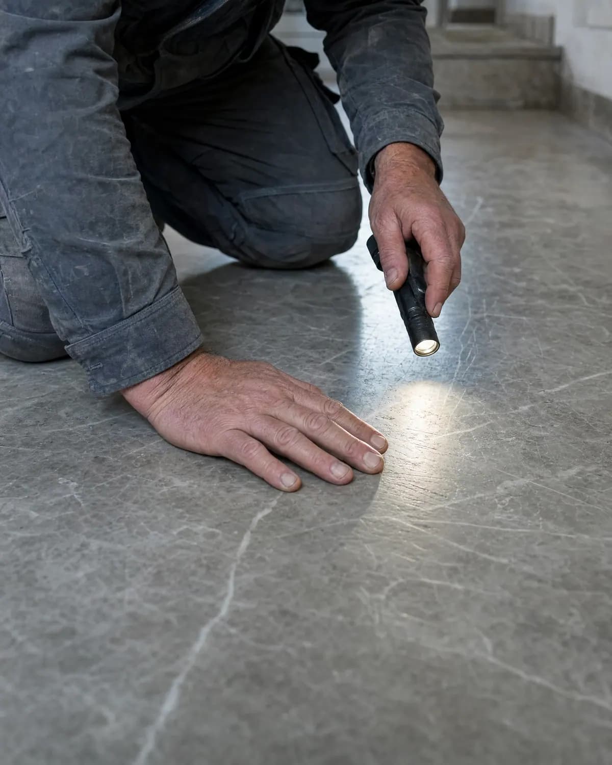Handwerker kniet auf einem grauen Marmorboden und prüft die Oberfläche mit der Hand und einer Taschenlampe