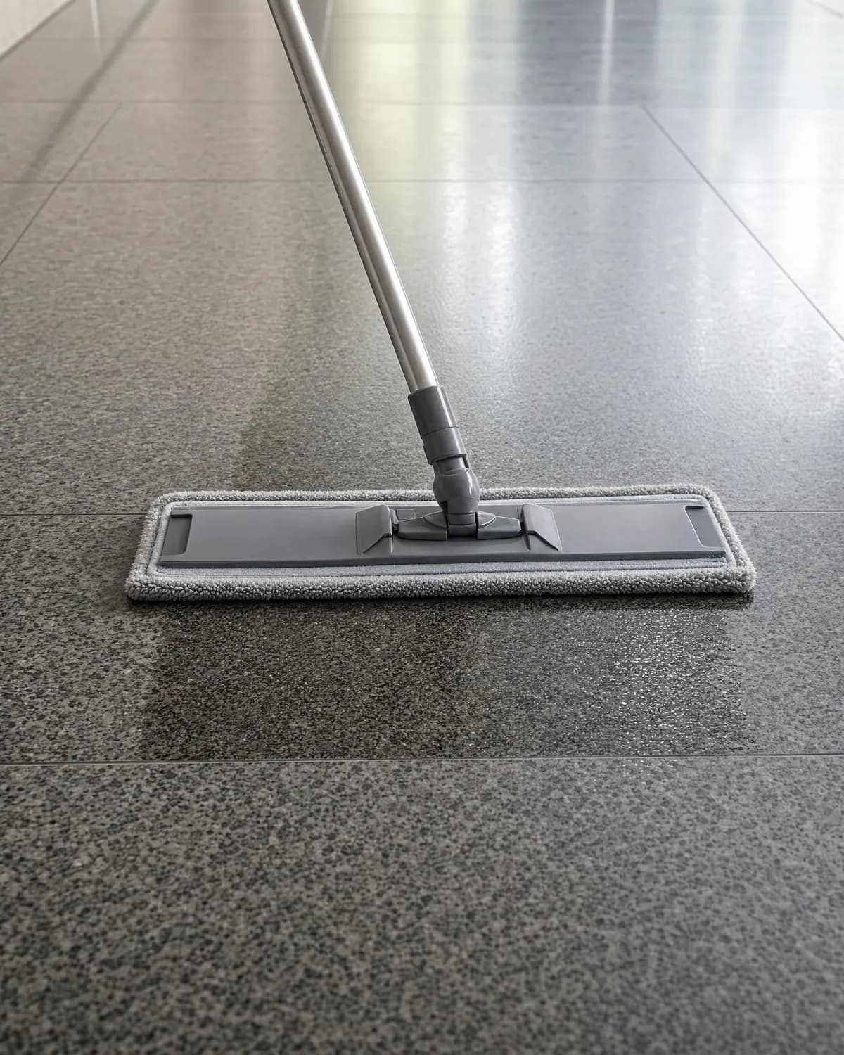 Flachmopp mit grauem Mikrofaserbezug auf einem polierten dunkelgrauen Granitboden